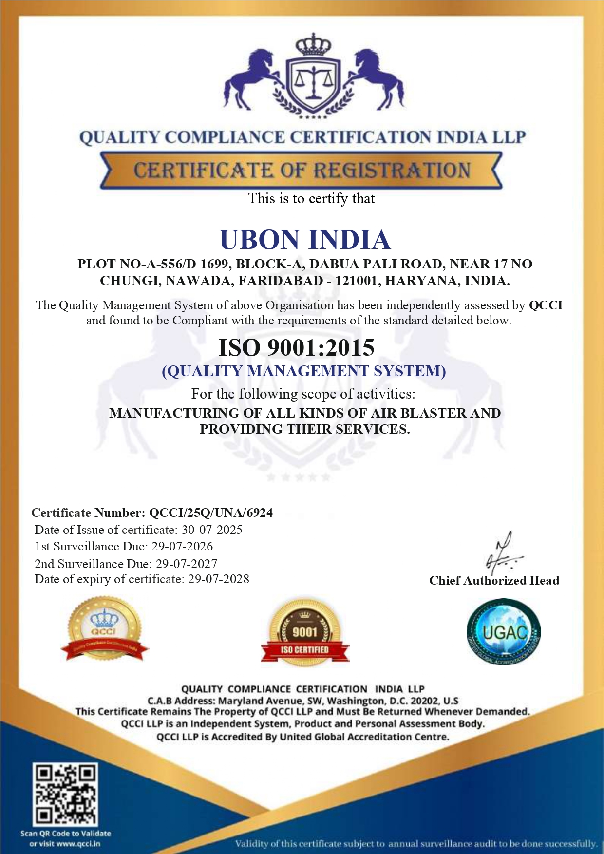 ISO 9001:2015 Certificate - Ubon India air blaster